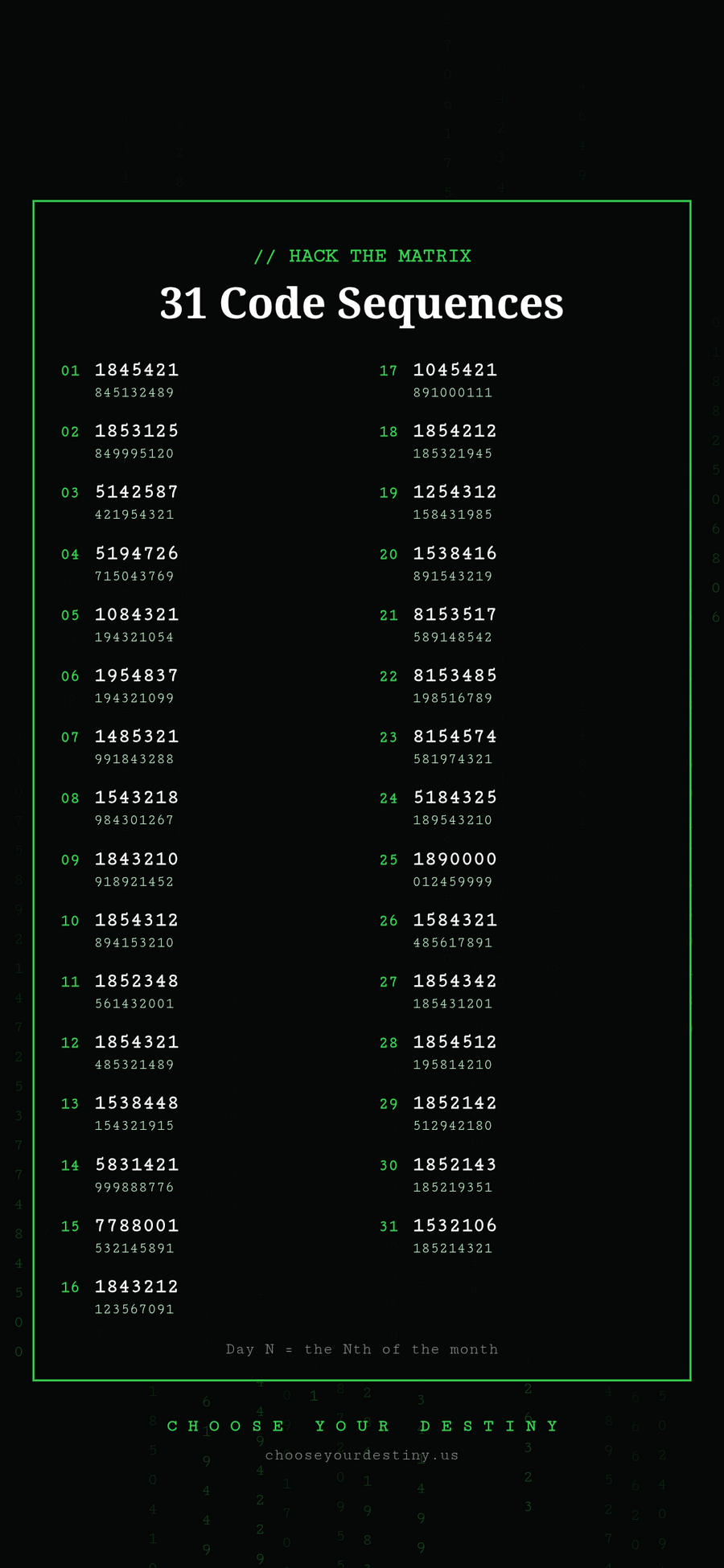 Hack The Matrix 31 code sequences